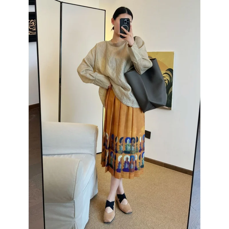 

Chinese new national style Wuhui frescoes exocharm satin elastic waist pleated skirt short section long section