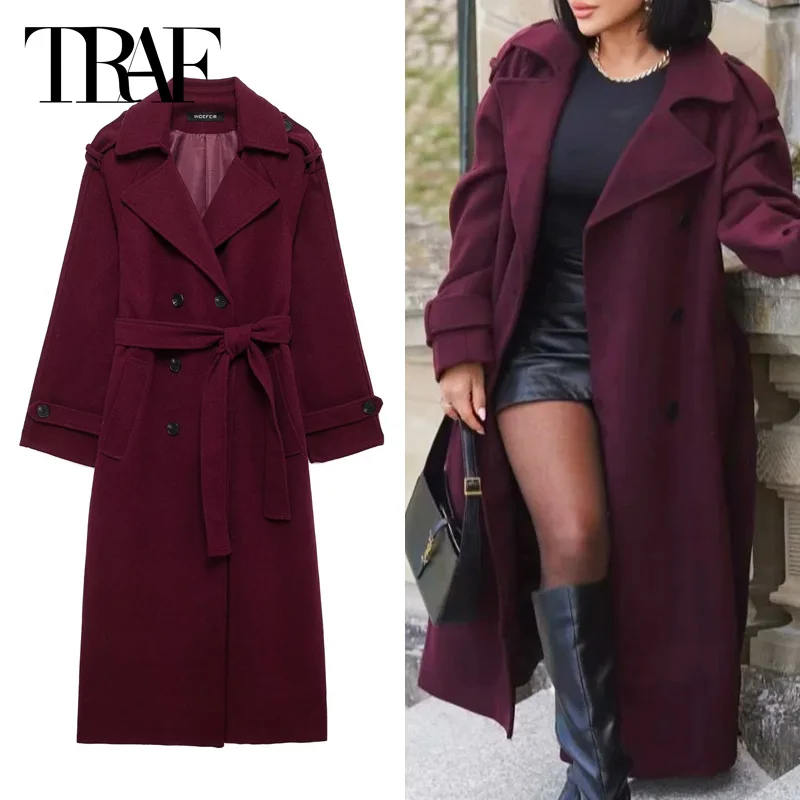 TRAF Winered Wool&Blends Coats 2024 Autumn Winter Women\'s Tweed Elegant X-Long Outerwears Ladies Fashion Casual Oversized Coat