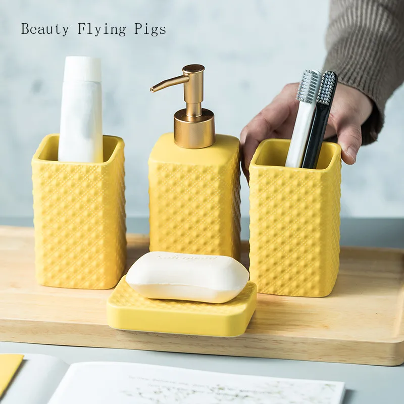 

Nordic Ceramic Bathroom Supplies Toothbrush Cup Soap Dispenser Set Four-piece Wash Set Soap Dish Ornament Bathroom Accessories