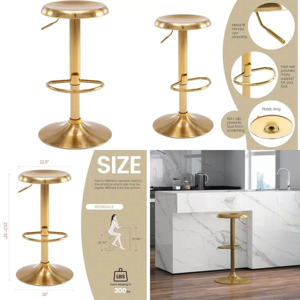 مقعد مرتفع معدني دوار قابل للتعديل، كرسي بارتفاع عداد بدون ظهر للمطبخ وغرفة الطعام