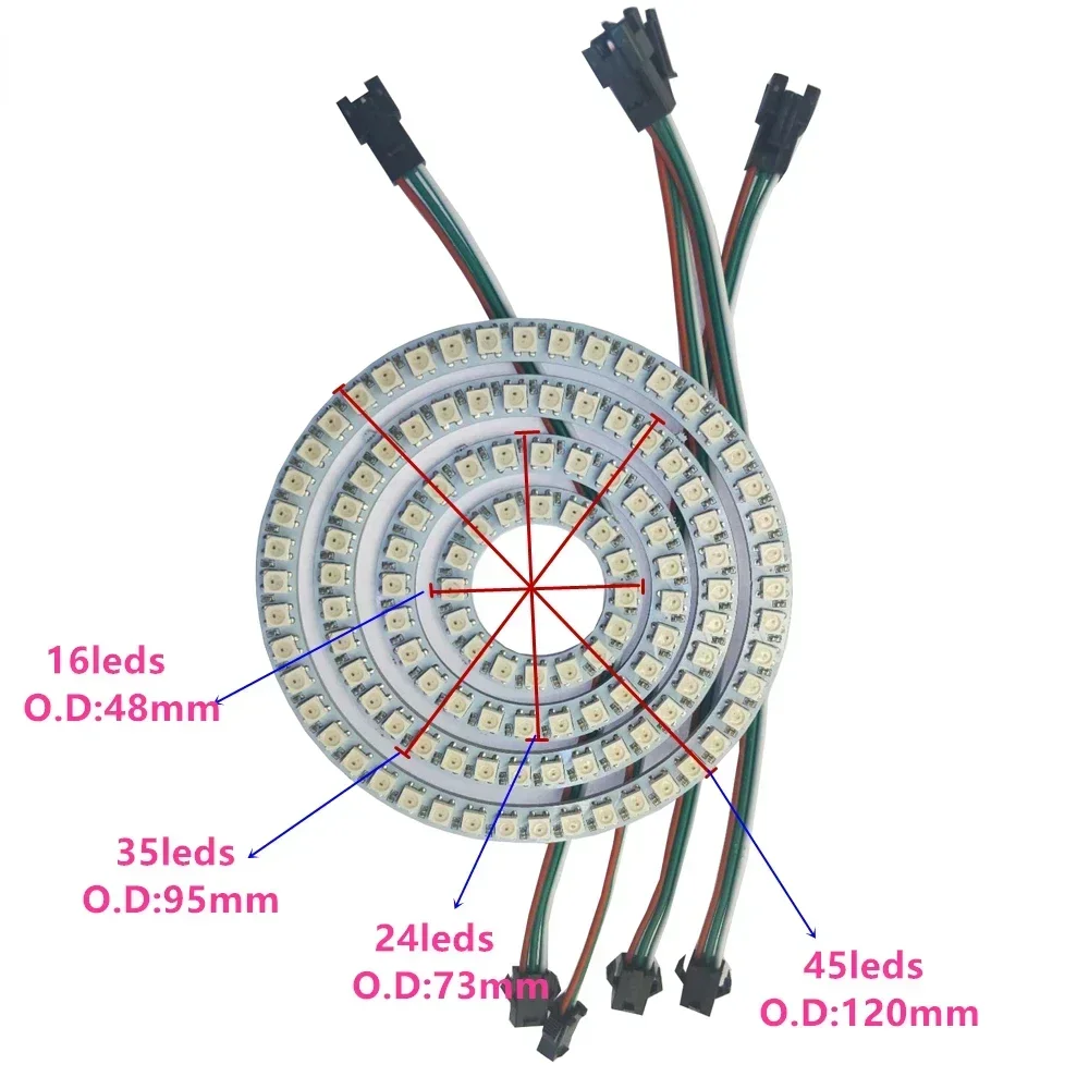 WS2812B RGB Led Ring Kit Individually Addressable and USB 28Key Bluetooth Music Controller or BuiIt-in 8/16/24/35/45 Pixels Lamp