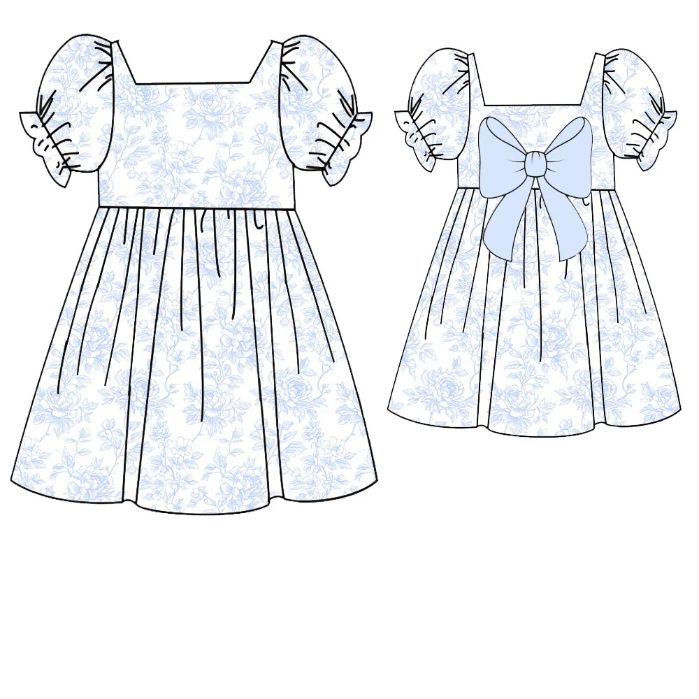 Boutique girl's puff-sleeved dress with bow flower and heart print and bow at the back custom