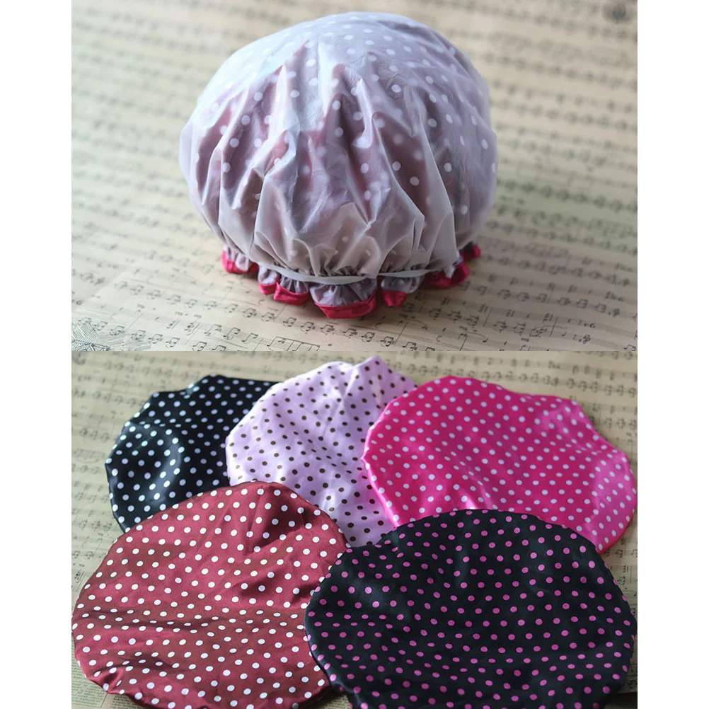 

2pcs Satin Shower Hat Waterproof Reusable Soft Foldable Bath Cap For Travel Spa Makeup Black Base White Dot Wine Red