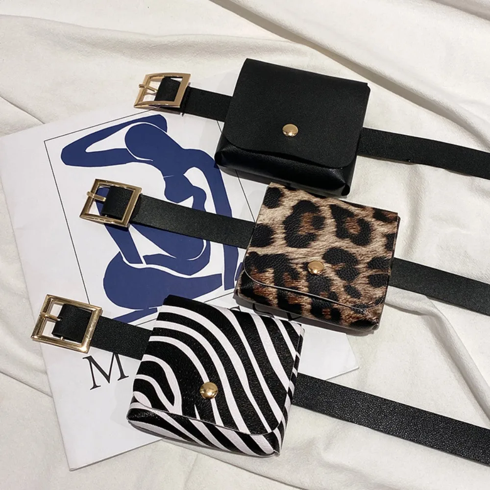 

Simple Leopard Print Mini Waist Bag 2 in 1 Flap Coin Purse Stripe PU Leather Women Belt Bag Girl