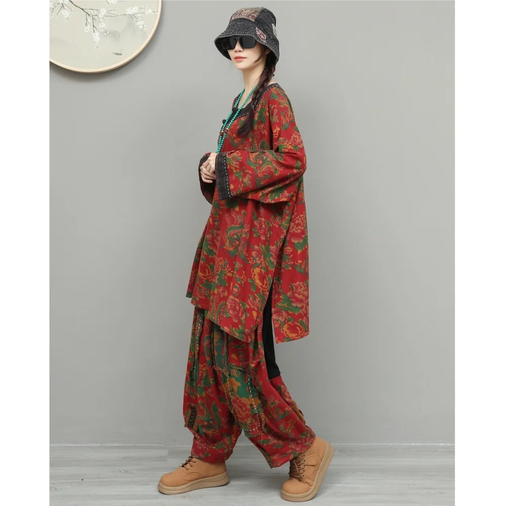 

Chinese-style Women Summer Suit Large Floral Cotton-linen Patchwork Coat + Loose Pant Two Piece Set XY109