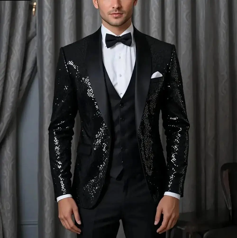 

Men's Business Suit 3 Piece Slim Fit Shwal Lapel Black Sequin Blazer Formal Jacket Vest Pants Set Wedding Prom Party Tuxedo