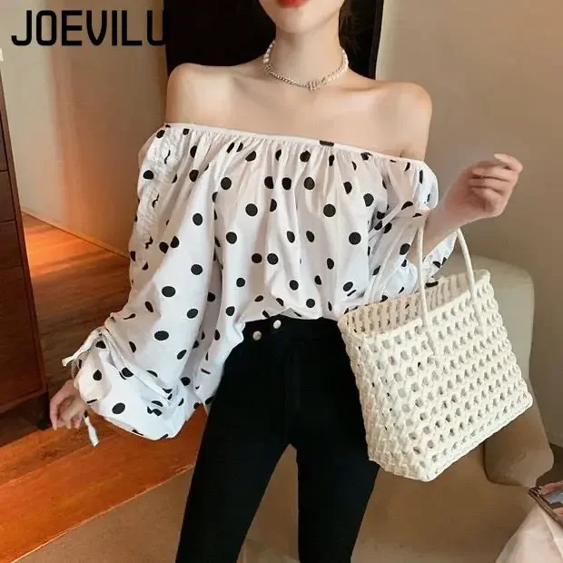 JOEVILU Polka Dot Shirt Off Shoulder Bubble Sleeve Tops Women\'s White Loose Simple Top French Casual Blouse In Spring and Summer