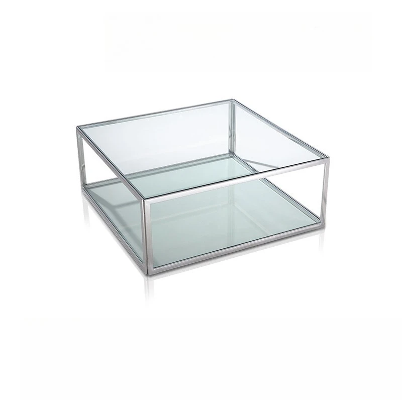 

2025 new Italian minimalist stainless steel square coffee table tempered glass living room light luxury high-end designer