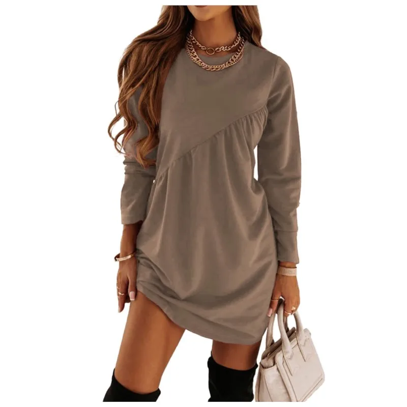 Autumn And Winter New Solid Color Long Sleeved Irregular Round Neck T-shirt Dress Women\'s Pullover Casual Versatile Mini Skirt