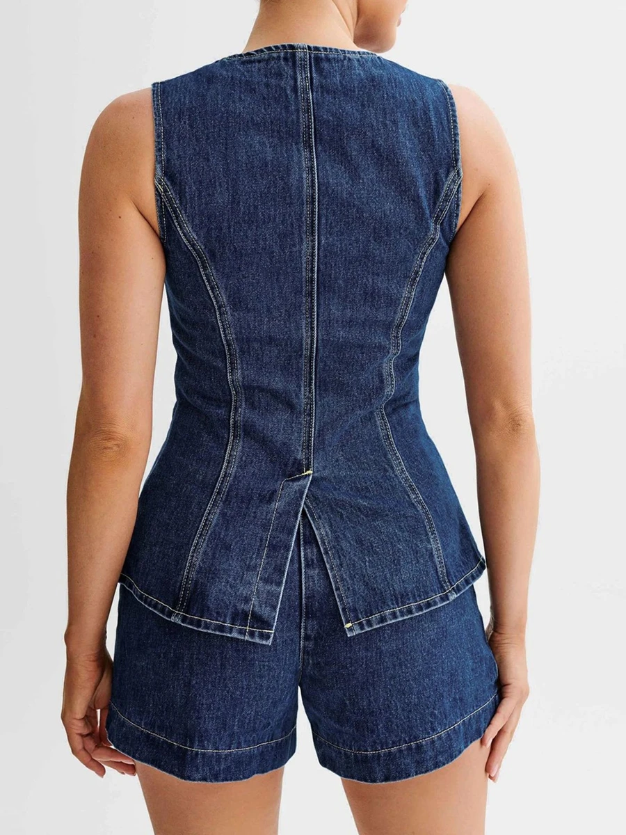 Women\'S Fashionable Casual Sleeveless High Waisted Denim Vest Top With Button Up Back and Slit Sleeveless Pocket Round Neck Vest