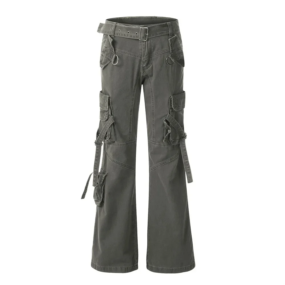 Pantalones cargo con tiras y múltiples bolsillos para hombre, estilo de nicho funcional de calle alta con cinturón, pantalones largos ligeramente acampanados de pierna ancha