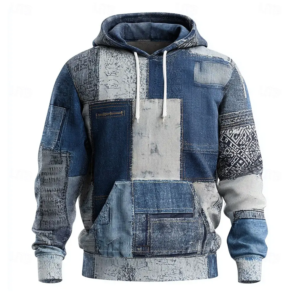 Geometrische karierte Herren-Kapuzenpullover, modisches Sweatshirt mit Rundhalsausschnitt, lässiger Streetwear-Stil, Herbst-Winter-Komfortkleidung mit Kapuze