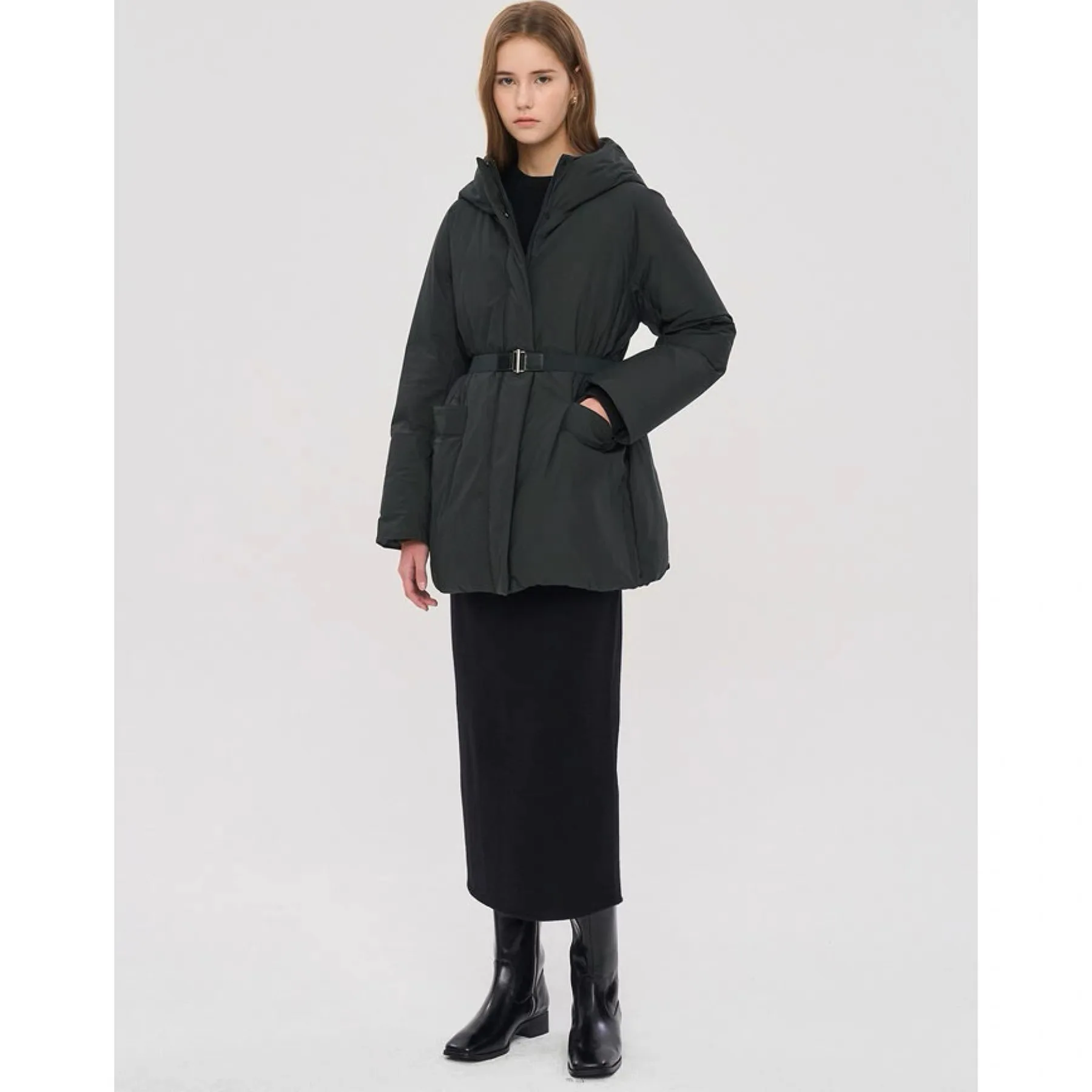 

Casual Chic Lemon Cheese Winter Jaet with Belt Hooded Mid-Length Goose down Coat Versatile Simple Commute Sle Women's Coat