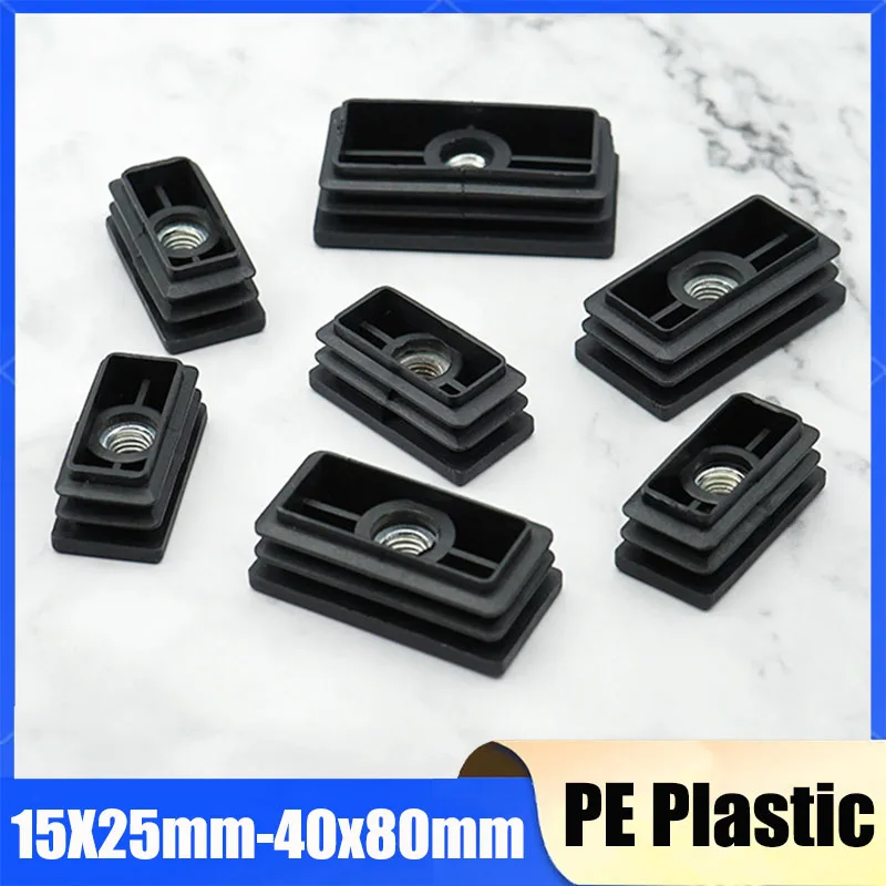 4Pcs M6 M8 Black Square Plastic Pipe Plugs Adjustable Screw Foot Pad Furniture Leg Cover End Caps 15X25mm~40x80mm