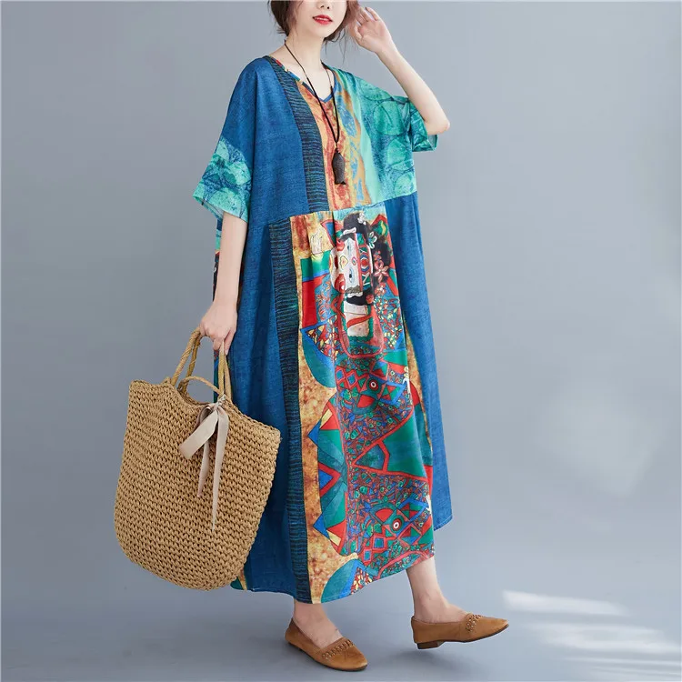 

Retro Oversized Beach Dress Print Graffiti V-neck Long Skirt Summer Short Sleeve Loose Big Swing Plus Size Boho Dress for Women