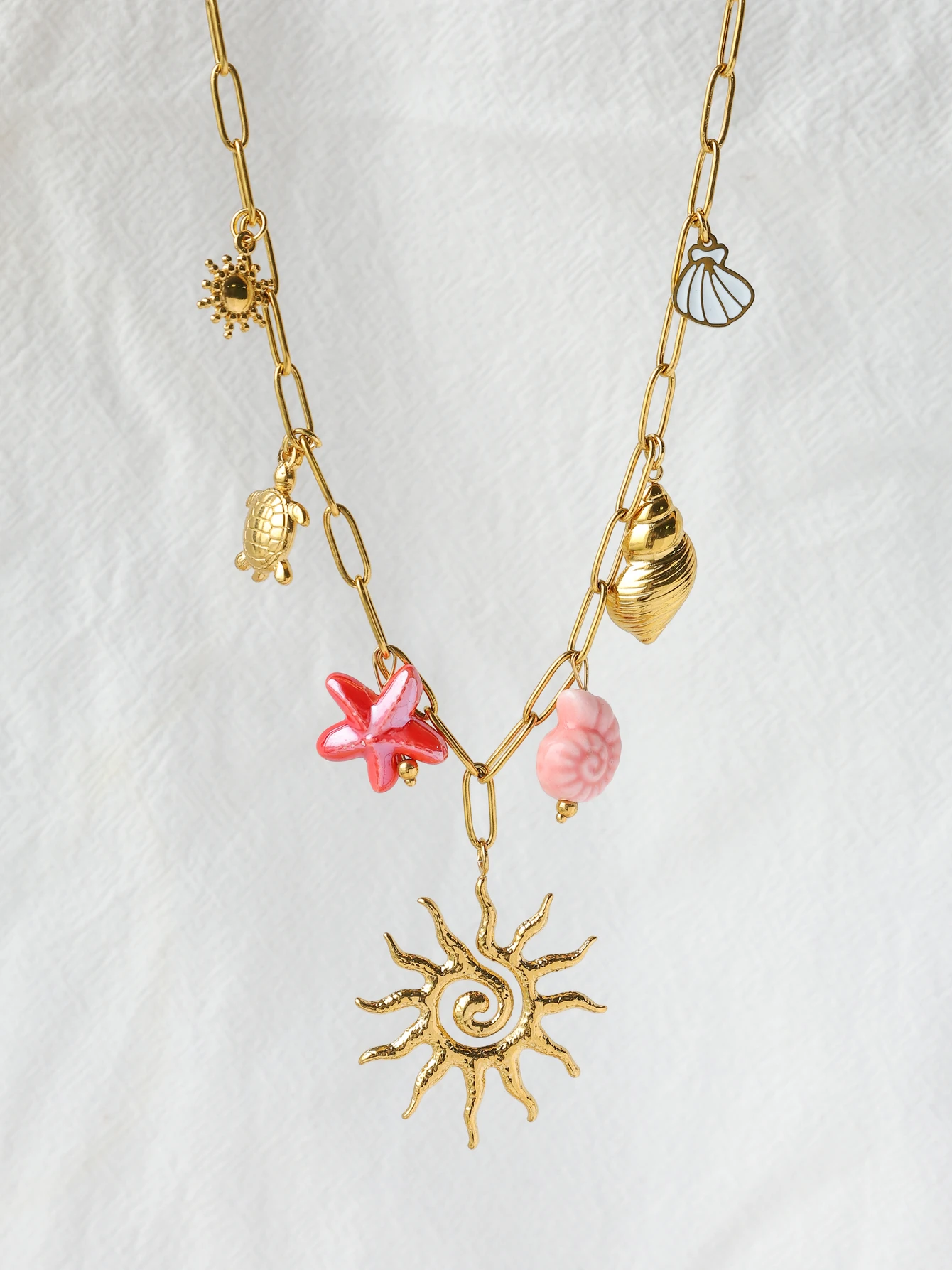 Vintage stainless steel handmade shell ceramic turtle sun starfish pendant necklace women\'s personality creative necklace