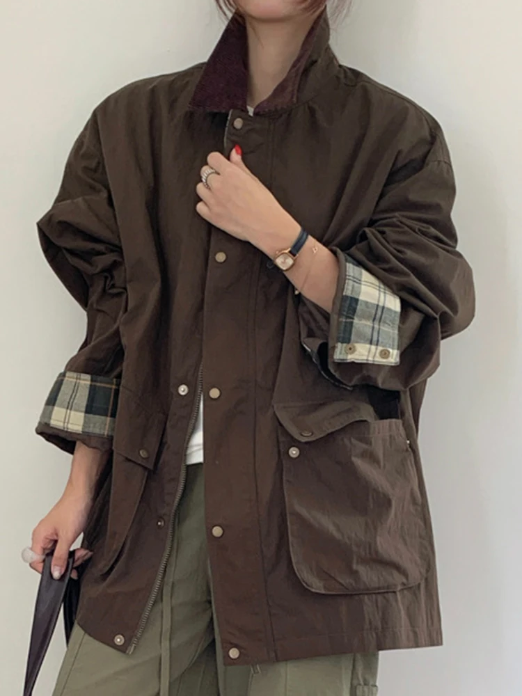 YERMORA Coffee Patchwork Zipper Casual Jacket For Women Lapel Long Sleeve Loose New Coat Fashion Tdie Spring Summer 2025