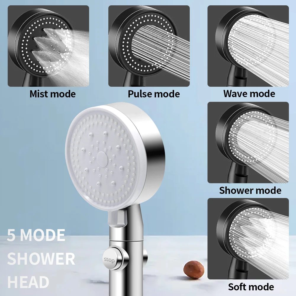 5 Mode Adjustable Shower Head High Pressure One-Key Stop Showerheads Hose Holder Water Saving Spray Nozzle Bathroom Accessories