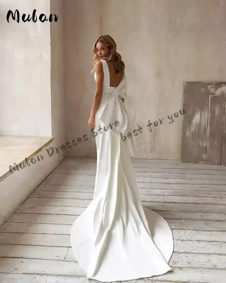

Customized Satin Elegant Wedding Dresses Sexy Mermaid For Formal Party Deep V-Neck Backless Sleeveless Simple Bridal