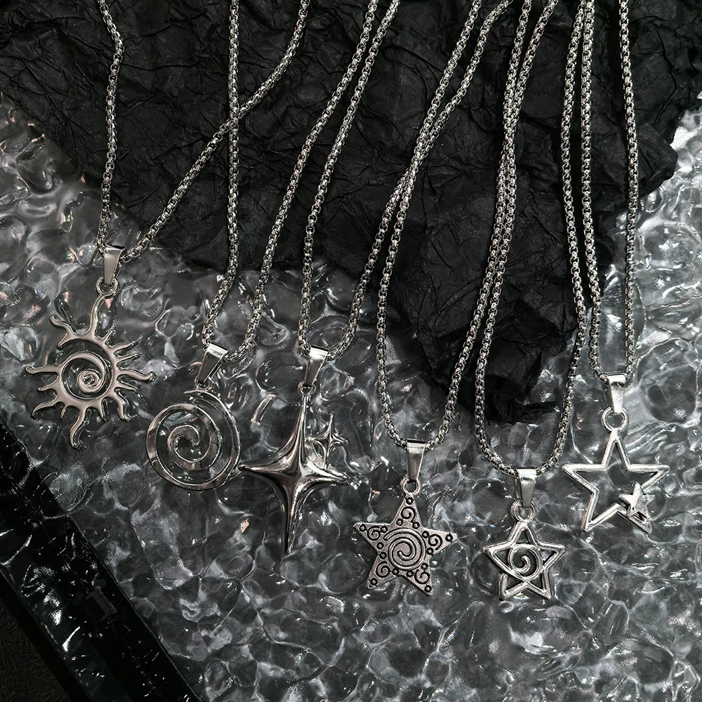 Y2K Star & Sun Spiral Pendant Necklace Silver Tone Minimalist Layered Necklaces for Women Daily Wear