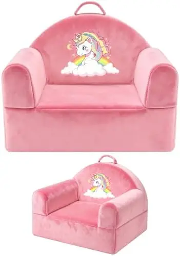 

Unicorn Kids Sofa Chair - Soft Pink Crystal Velvet, Washable Cover & Magic-Tape Backrest for Toddlers