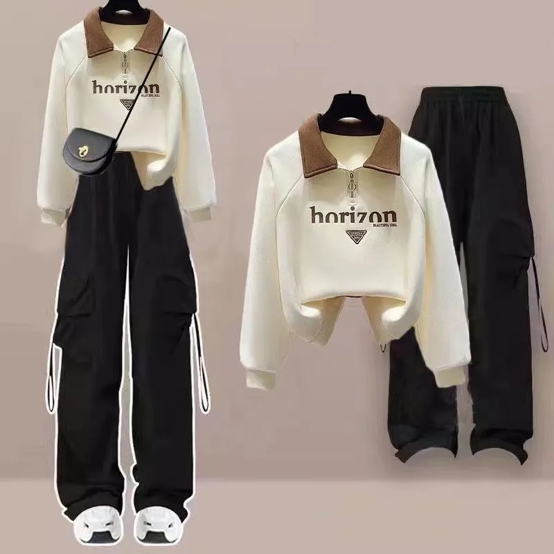 2024 Spring New Sweater Matching Set Women\'s Fashion Loose Long Sleeve Top +Cargo Pants Two Piece Korean Elegant Tracksuit Suit