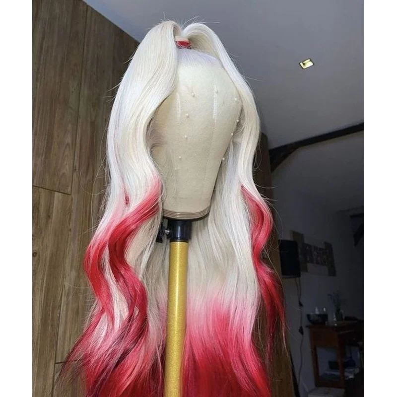 Ombre Red Long Body Wave Synthetic Wigs Lace Front Wig Glueless Natural Cos Soft