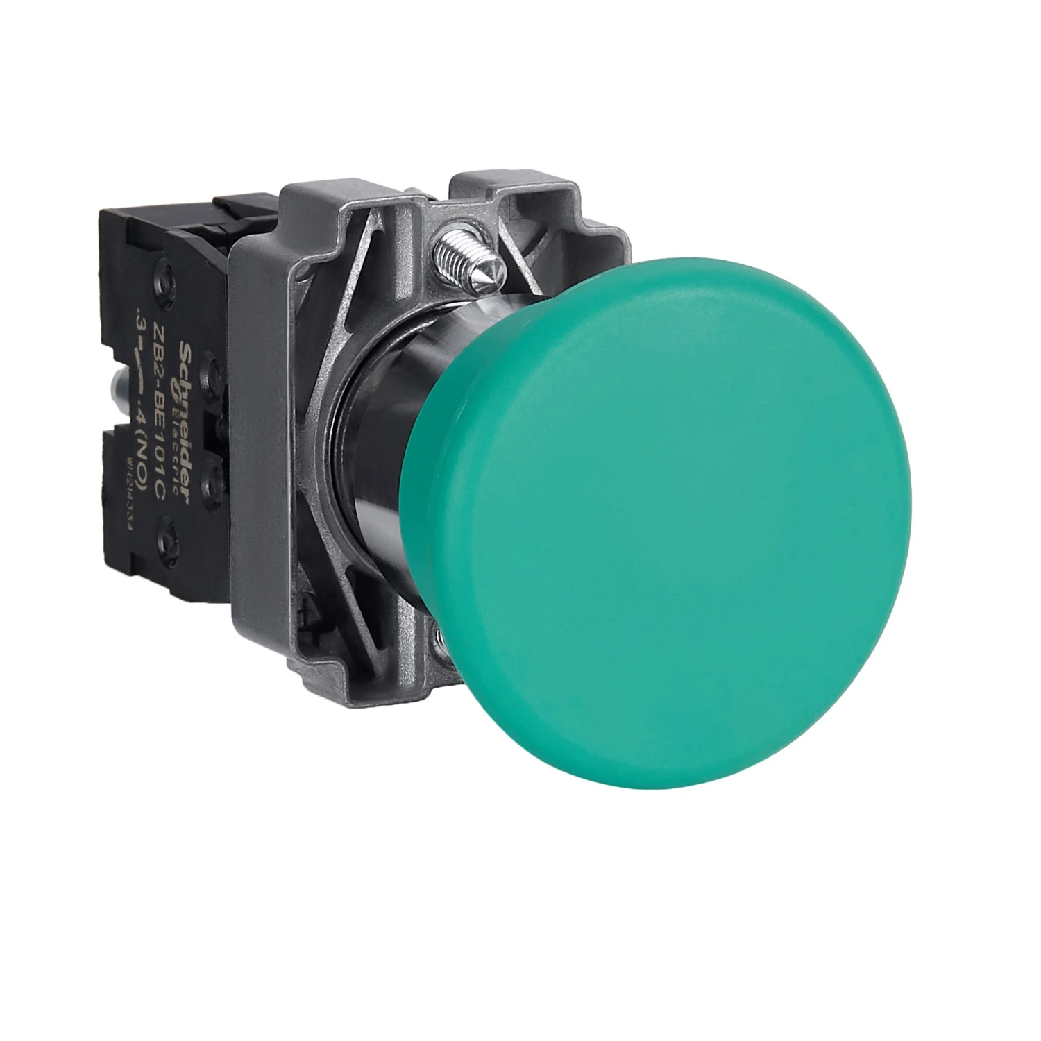 

XB2BC31C = ZB2BZ101C + ZB2BC3C Complete push button, Easy Harmony XB2, metal, green, mushroom head 40mm, 22mm, 1NO