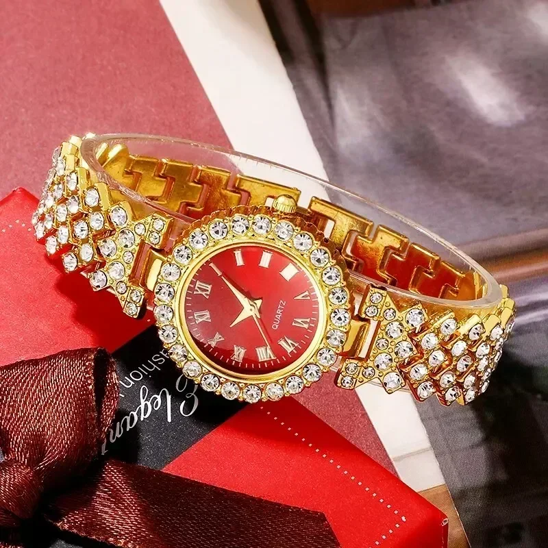 Golden Luxury Watch Women Ring Necklace Earring Rhinestone Fashion Wristwatch Casual Ladies Bracelet Watches Jewelry Set - view 5