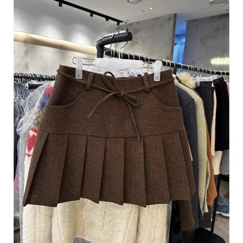 MEXZT Streetwear Woolen Mini Skirt Women Harajuku Bow Lace Up Black Pleated Skirts Autumn Winter Fashion Korean Preppy Faldas