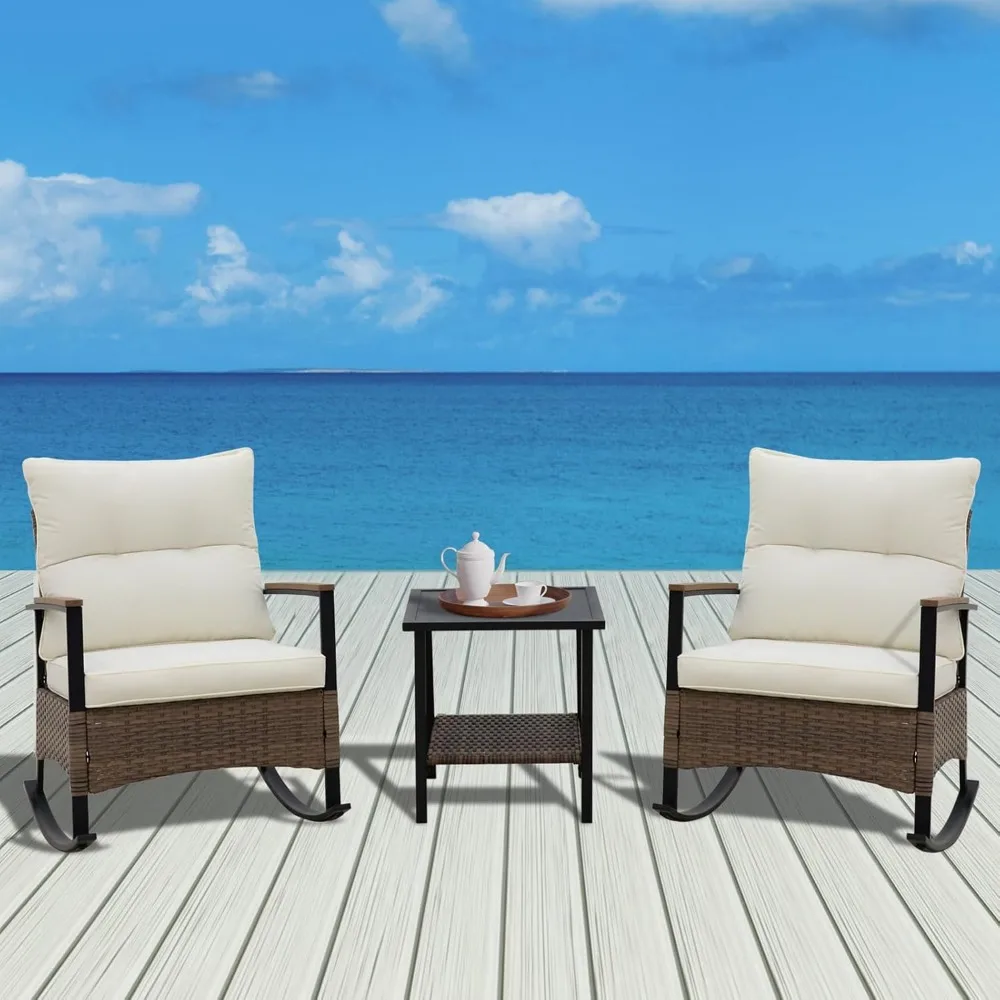 

Sunset Haven Комплект мебели для патио из трех предметов, кресла-качалки с приставным столиком, плетеный набор для патио-бистро, коричневый/бежевый