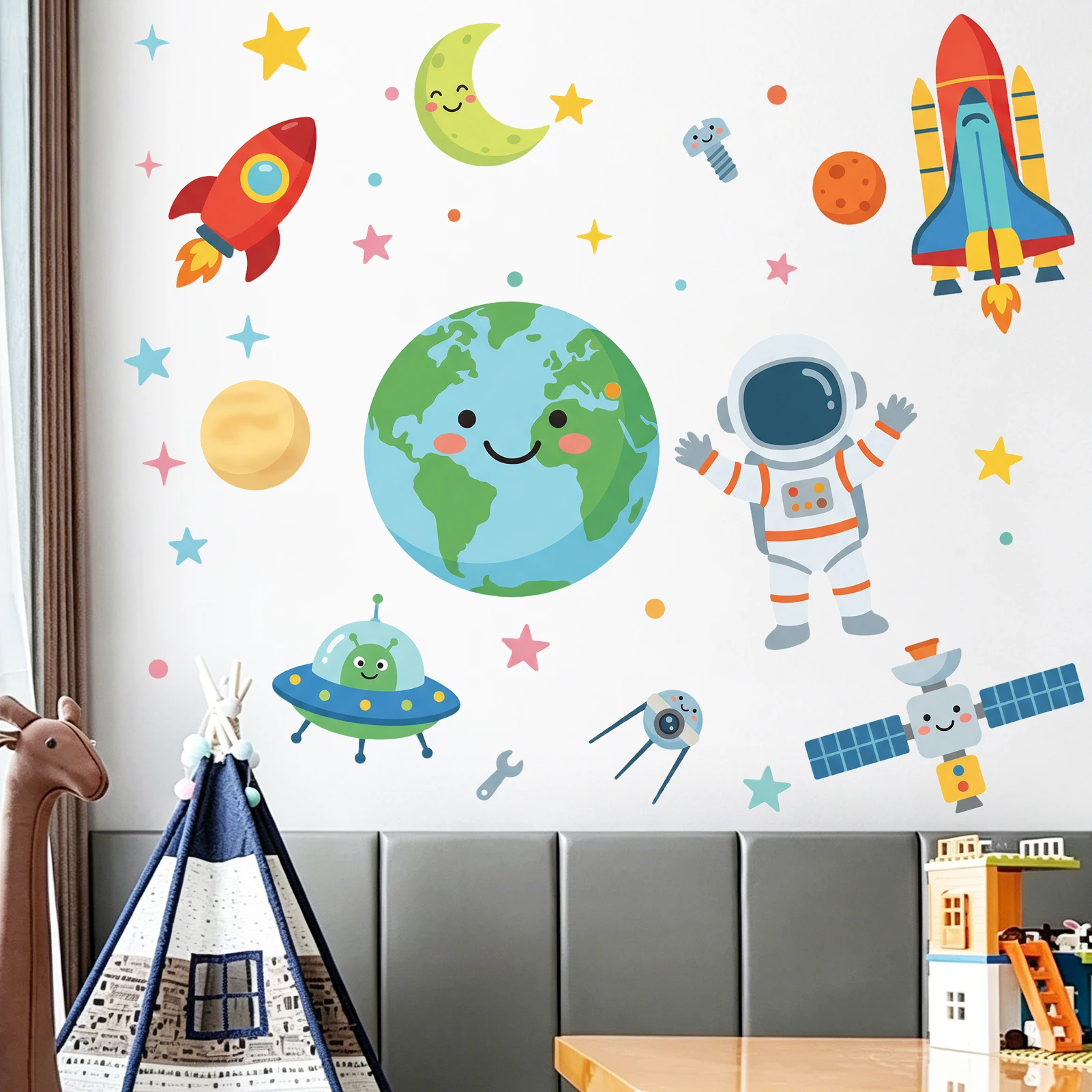 Space Exploration Wall Sticker Colorful Astronaut Rocket Earth UFO Wall Decal Removable Peel and Stick Home Decor