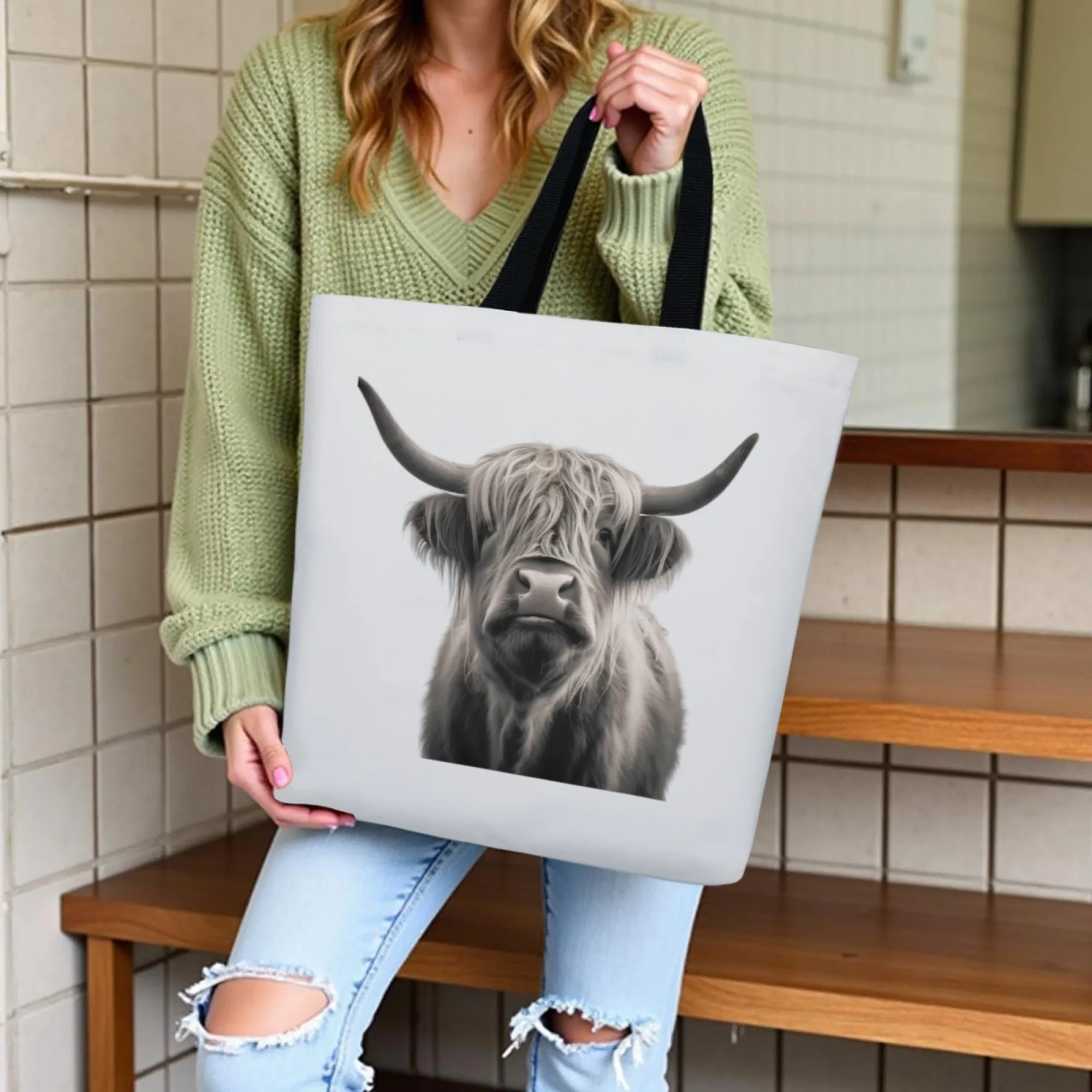 Black & White Scottish Highland Cow Canvas Tote Bag Realistic Animal Portrait Reusable Shoulder Bag Gift for Farm Animal Lovers
