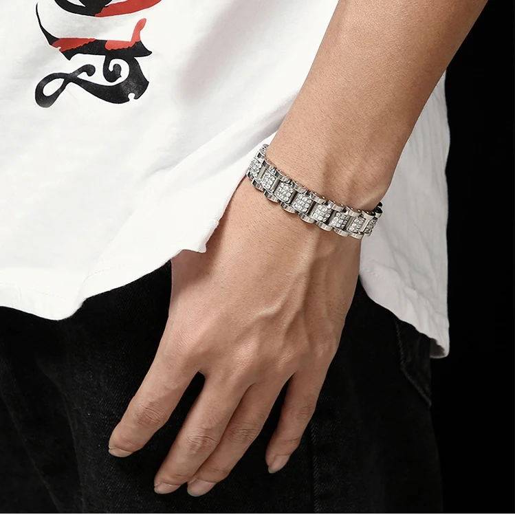 14mm Punk Luxury 18K Gold Color Strap Watchband Chain Bracelet Zircon Men Women Hiphop Stainless Steel Biker Bike Bangle Jewelry