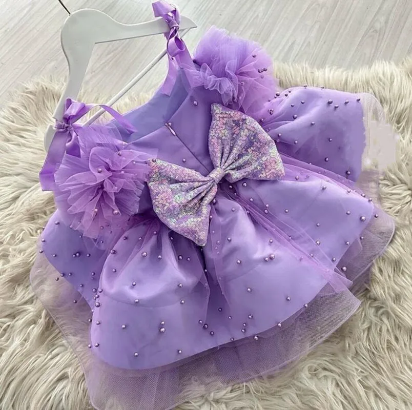 Fancy Dress for Girls Lilac Pearl Tulle Sequin Bow Birthday Girl Gown Wedding Baby Dress Toddler Puffy Outfit