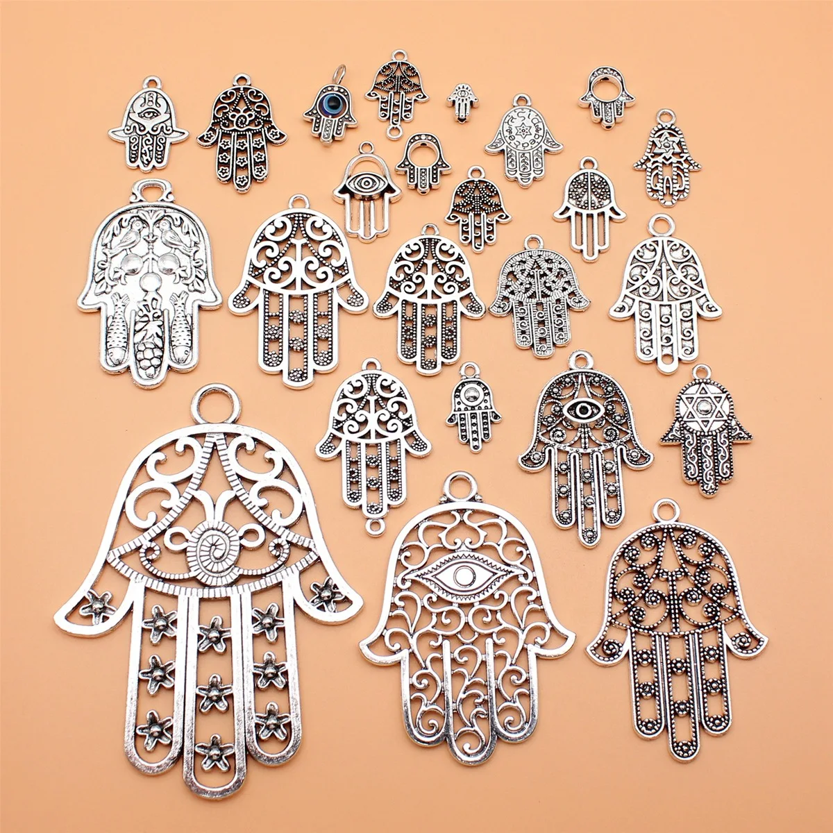 24pcs Antique Silver Color Hamsa Hand Charms Collection For DIY Jewelry Making, 24 Styles, 1 of Each