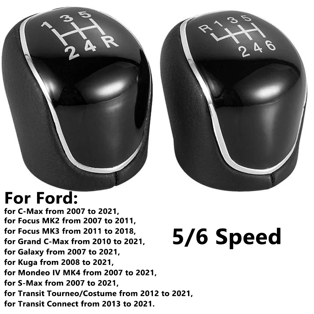 

5/6 Car Leather Gear Shifter Knob for Ford Arm Headball for S-Max C-Max Kuga Galaxy Mondeo 4 Mk4 Transit Tourneo Connect