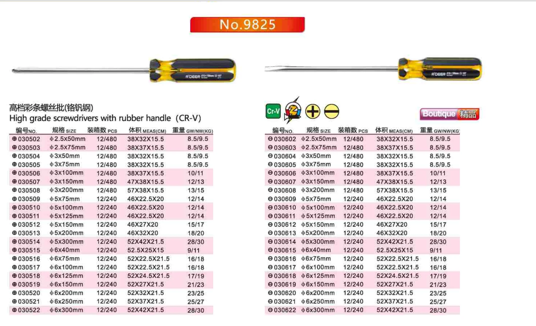 

R'DEER Chromium vanadium steel High end color strip screwdriver phillips cross slotted 2.5mm 3mm 5mm 6mm NO.9825