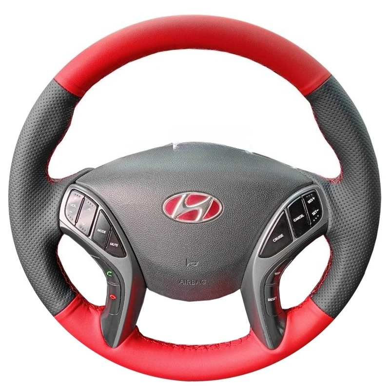 Hand-Stitched Non-Slip black red genuine Leather Car Steering Wheel Cover For Hyundai Elantra Avante i30 2012-2016