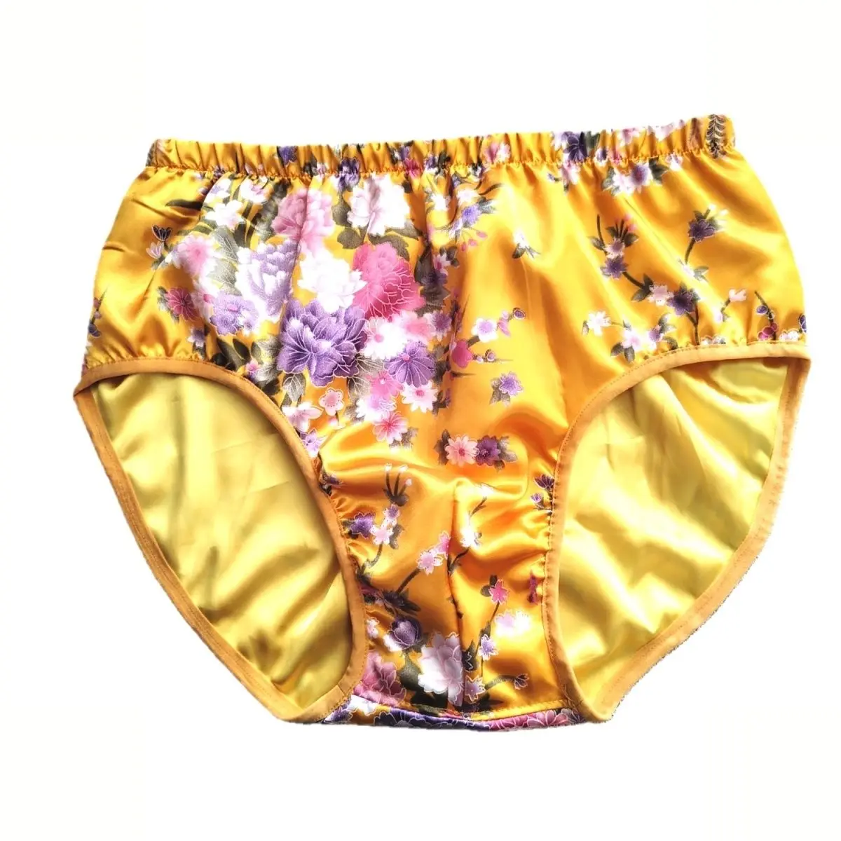 

Glossy Yellow Floral Print Sexy Ice Silk Men Underwears Panties Plus Size Briefs Lingeries Bottoms