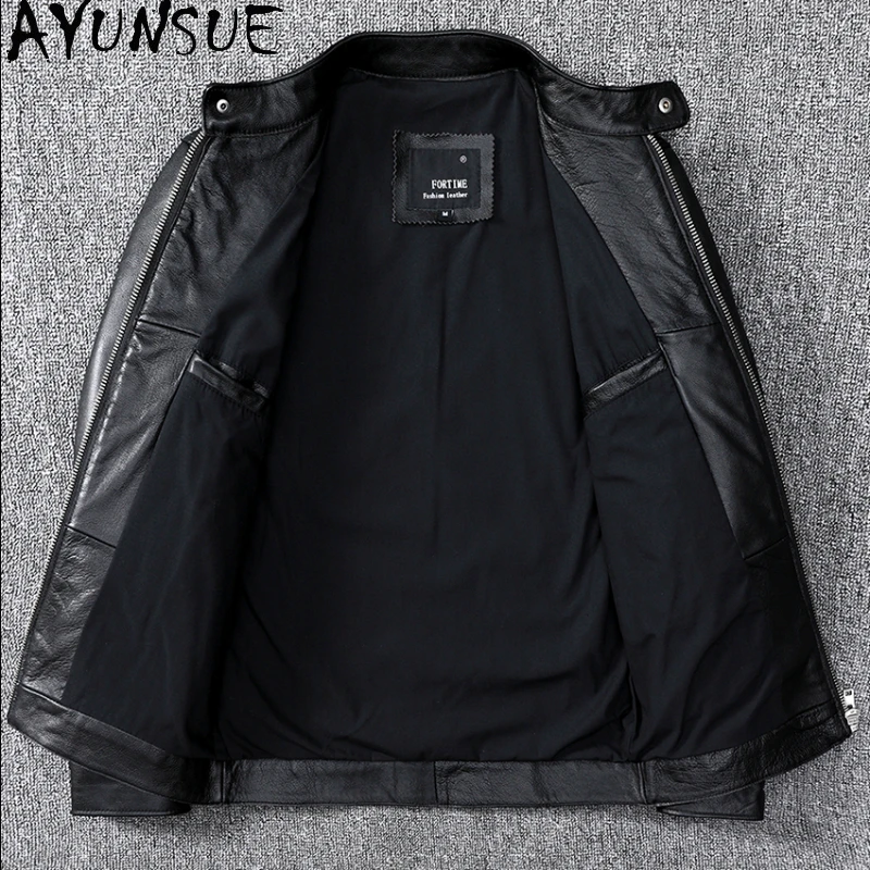 AYUNSUE Autumn Winter Mens Leather Jacket Sheepskin Cowhide Coats Short Motorcycle Jackets Casual Stangding Chamarra Piel