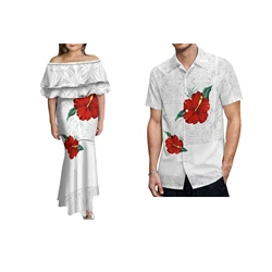 Samoan Dress Women's White Polynesian Traditional Dresses Puletasi Wrinkle Dress Collocation Plumeria Men Shirt Sets Of Couples