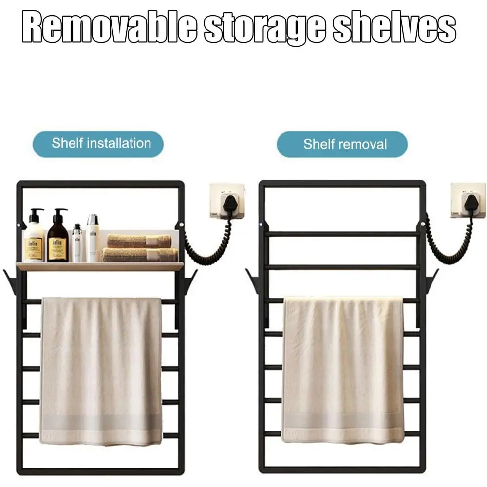 전기 타월 워머, 벽걸이형 욕실용 온열 타월 랙(수납 선반 포함), 타이머 및 스마트 기능이 있는 가열식 타월 건조대