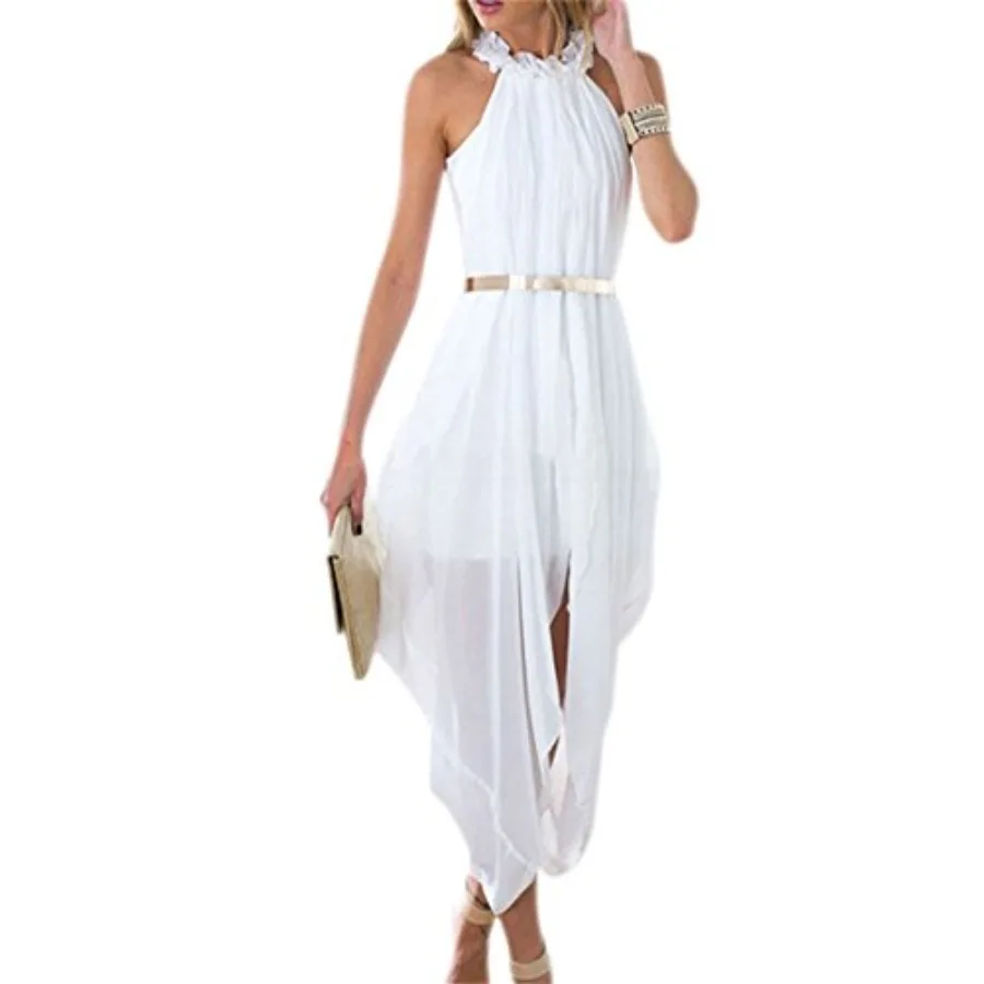 

Women's Sheer Chiffon Folds Hi Low Loose Dress Delicate Gold Belt