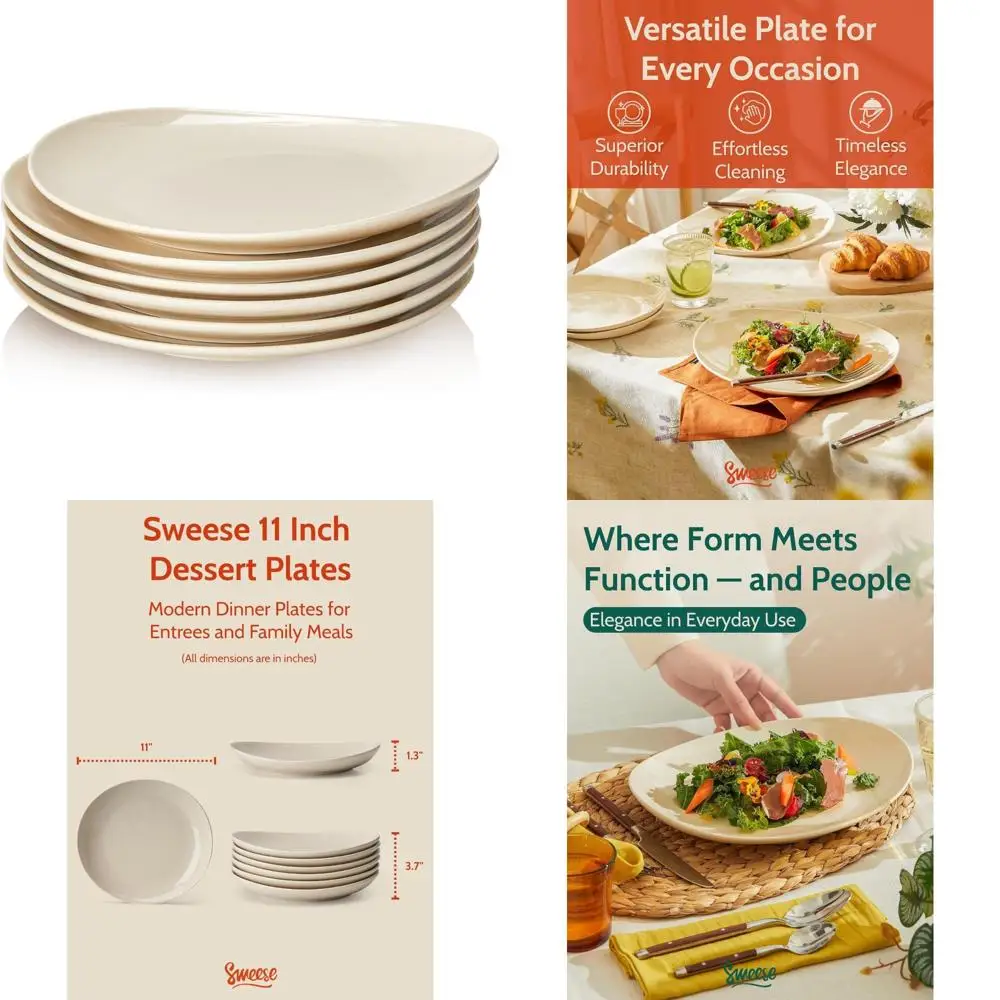 

11 inch porcelain dinner plates, set of 6 - beige, vitrified china, curve collection, dishwasher microwave safe