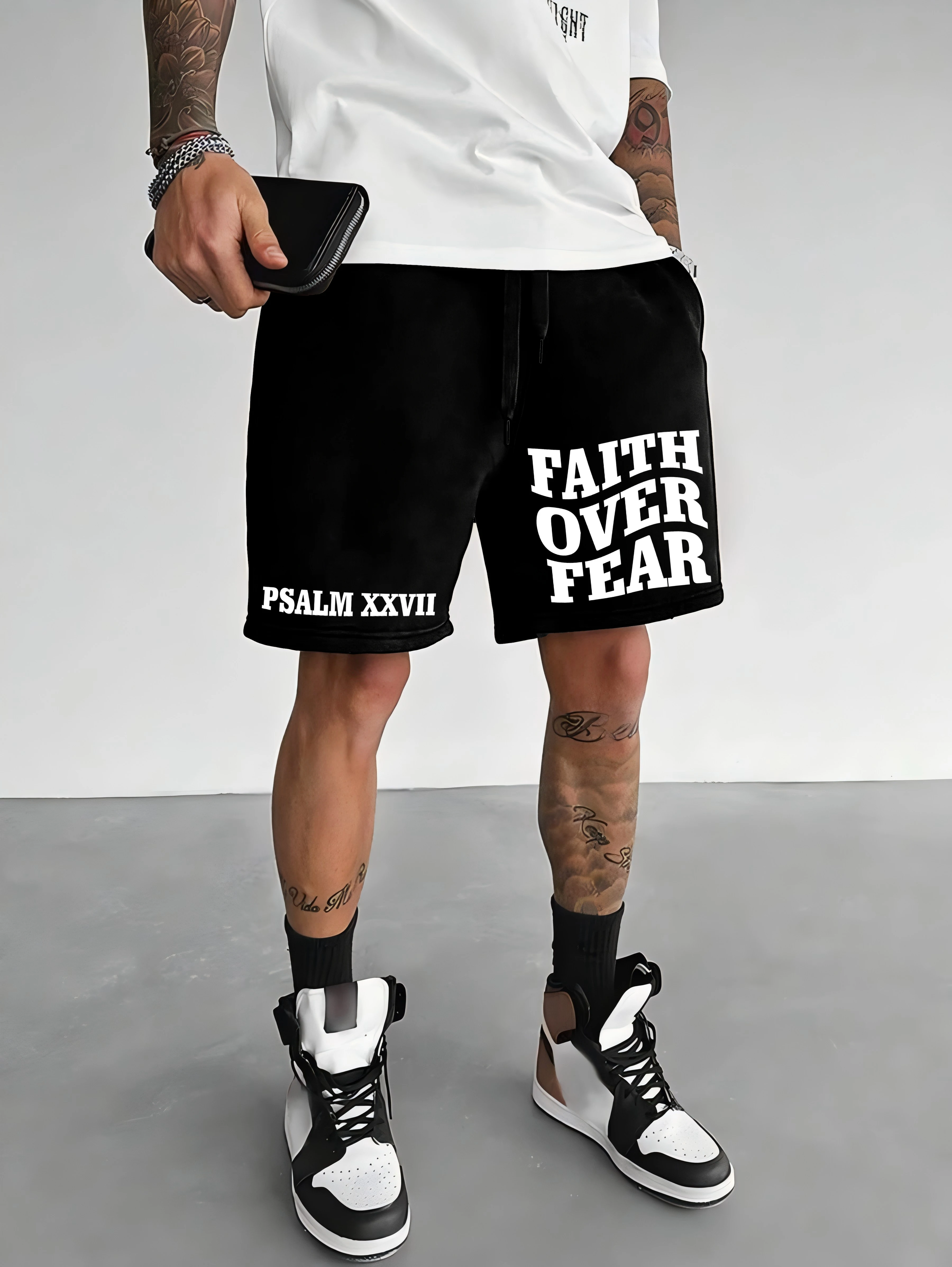 Men's Oversized Christian Streetwear Shorts Brand Faith Over Fear Psalm XXVII Graphic Print Loose Fit Cotton Blend Casual Black