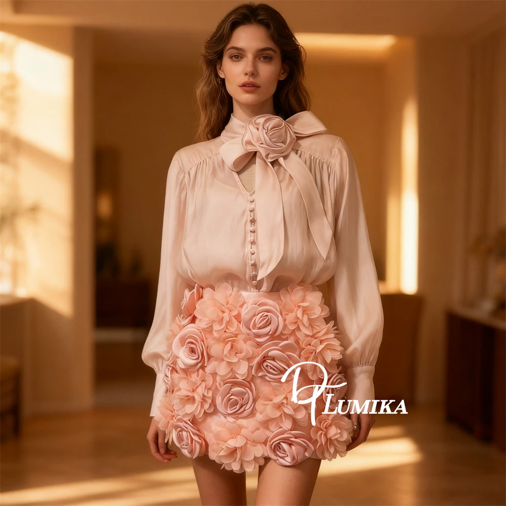 

DTLumika - Autumn New Pink Floral Shirt & Skirt, Chiffon Full Sleeves T-shirt with Zipper Ruched Skirts Womens Fashion Outfit