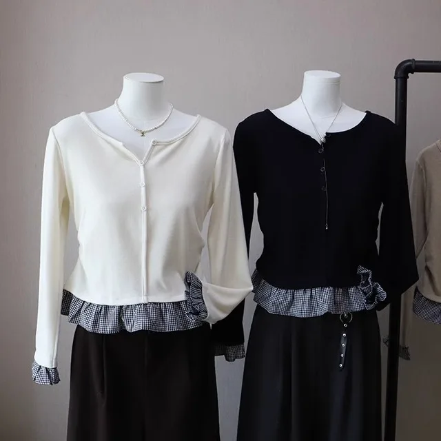 

Slim Fit ort Sve V Ne Plaid Patchwork Long Sve T irt Женский модный дизайн Осенний топ Ложный комплект из двух предметов