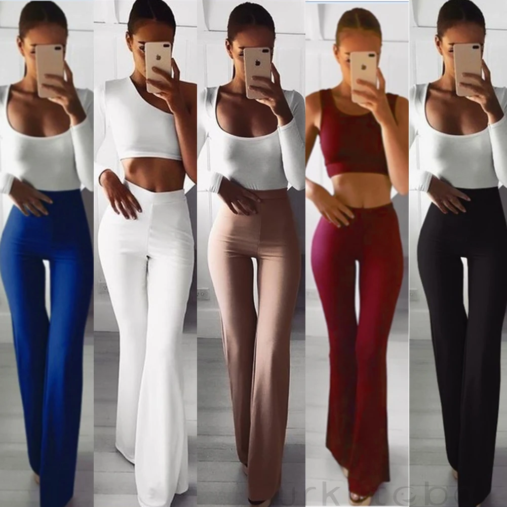 Women New Casual Retro Plain Solid High Waist Flare Wide Leg Chic Trousers Slim Long Loose OL Work Pants Plus Size Autumn Pants