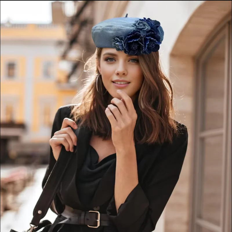 Flower Denim Beret Hats Spring Autumn Female Trendy Women Camellia Painter Caps Casual Cotton Beanie Hats